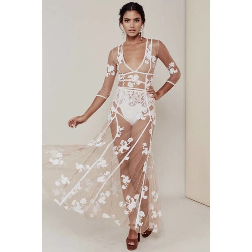 SOLD. For Love And Lemons NWT Eleanora Nude Tulle White Floral Embroidery Maxi - Picture 8 of 9